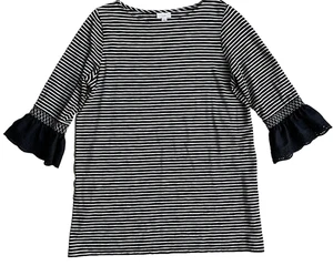 J Jill Tunic Top sz Large Blue White Stripe Ruffle Cuff Eyelet Smocking Detail - Picture 1 of 7