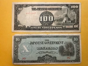 Japanese Government WWII Occupation 10 & 100 Pesos Bills (1940s) - Picture 1 of 2