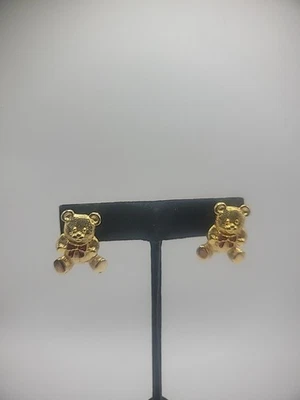 Vintage Avon Earrings Pierced Post Teddy Bear Two Piece Gold Tone Red Accents - Image 1 of 4