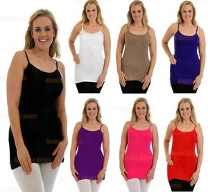 New Womens Long Vest Strappy Cami Stretch Plain T-Shirt Camisole Vest Tops 8-26 - Picture 1 of 17