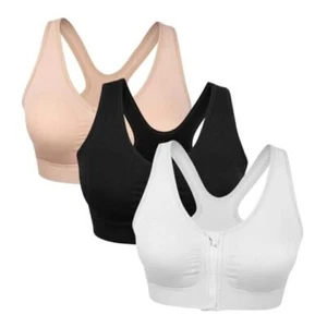 Women's Zip Front Sports Bra Wireless Post-Surgery X-Large Black-flesh-white - Picture 1 of 7