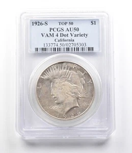 1926-S Peace Silver Dollar VAM 4 Dot Variety California Top 50 AU50 PCGS *2617 - Picture 1 of 3