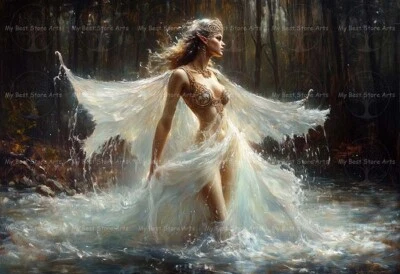 IMPRESIÓN DE NINFA DE AGUA DE HADAS, decoración de náyades de río, póster gótico de mujer celestial F271 Foto 1 de 3