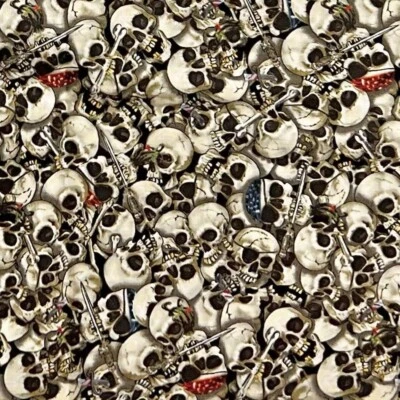 25" x 43" OOP Packed Skulls Cross Bones Sword Elizabeth's Studio Cotton Fabric - Image 1 of 3