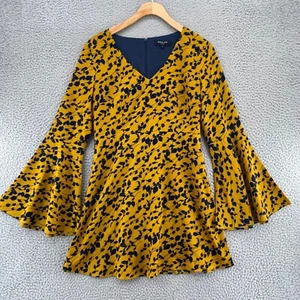 Beulah Dress Womens Small Ochre Yellow Floral Mini Long Bell Sleeve Fit & Flare - Picture 1 of 11