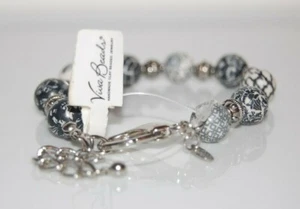 VIVA BEADS COUTURE BLACK WHITE AND SIVERED BEADS STATEMENT BANGLE CUFF BRACELET - Picture 1 of 10