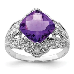 Sterling Silver Rhodium-plated Checker-Cut Amethyst & Diamond Ring Size 7 - Picture 1 of 4