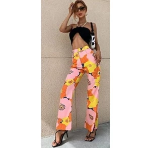 ZARA Retro Hose orange rosa Blumen ausgestelltes Bein hoher Bund Größe S - Bild 1 von 11