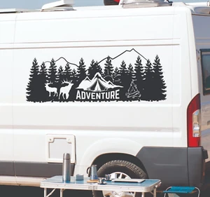 Camper RV Decal, Camping Sticker, American Style Travel, Elk, Adventure Awaits - Picture 1 of 12