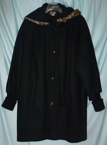Mariel Solid Black Faux Fur Trim Hooded Wool Winter Coat Size L/XL VTG - Picture 1 of 6
