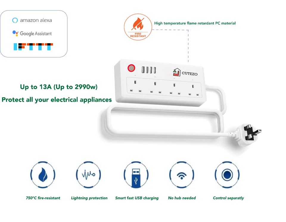 Cutezo Smart Power Strip with 4 AC Outlets &4 USB Port (Fast Charging/Energy A+) - Image 1 of 4
