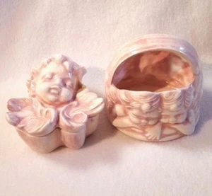 Caja de baratijas de querubines cesta gemelos rosa cerámica cabaña shabby scioto conjunto de 2 piezas - Imagen 1 de 12