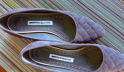 Zapatos de salón MANOLO BLAHNIK Italia gris gamuza acolchado cuero tacones cuadrados 36,5 Foto 1 de 3