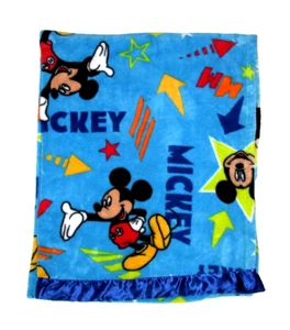 Mickey Mouse Blue Baby Blanket Yellow Stars Arrow Satin Trim Toddler Throw 40x50 - Picture 1 of 2
