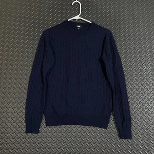 UNIQLO Men Navy Blue Cable Knit Crew Neck Sweater Size Small Wool Blend - Picture 1 of 8
