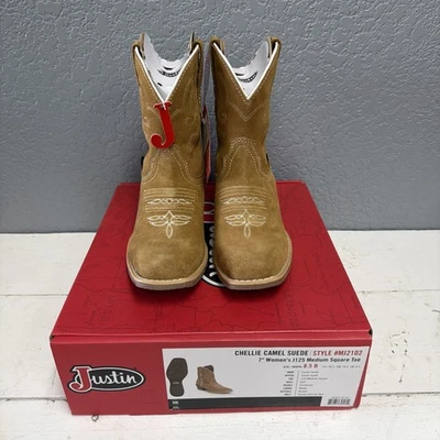 Justin 女式 Chellie 骆驼麂皮绒西部靴方头棕褐色 8.5 B — 第 1/4 张图片