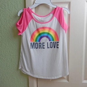 Girls SO More Love Cold Shoulder Glitter Rainbow Shirt Pink White 7-8 - Picture 1 of 5