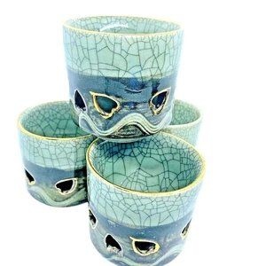 MCM Japonés Somayaki Verde Esmaltado Crackleware Caballo Cuatro Tazas de Té de 3" - Imagen 1 de 10
