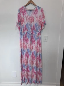 Kate & Mallory Womens 1X Tie Die Pink Orange Short Sleeved V-Neck Maxi Dress - Picture 1 of 6