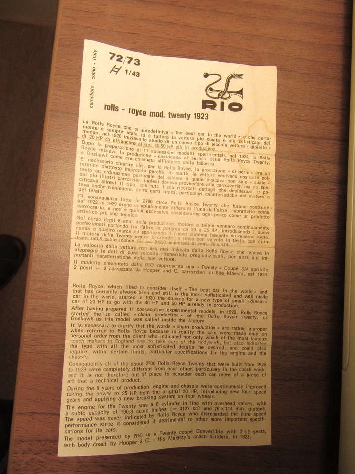 C918 Vintage Rio Ref 72 73 Italia Scheda Per Rolls Royce Twenty 1923 1:43 - Immagine 1 di 2