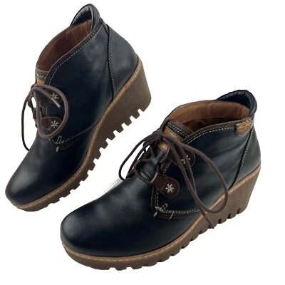Pikolinos Zafiro & Olmo Maple Black Leather Wedge Wm Lace Up Ankle Boots Sz 7.5 - Image 1 of 4