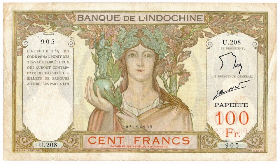 TAHITI banknote 100 Francs 1961 VF+ Choice Very Fine - Image 1 of 4