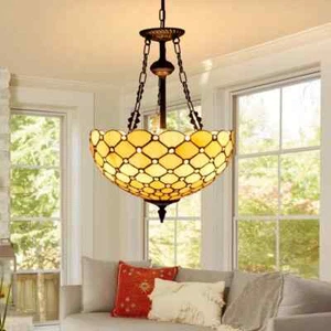 15.7" Tiffany Chandelier 3-Light Retro Stained Glass Style Ceiling Light Fixture - Picture 1 of 16