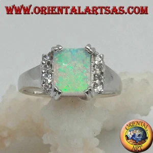 Anello in Argento 925‰ opale arlecchino rettangolare e fila di zirconi sui lati - Imagen 1 de 5