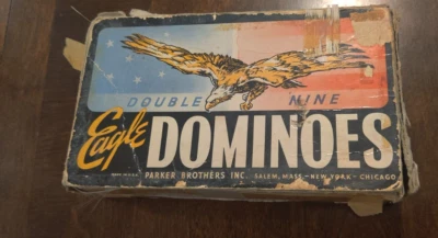Dominoes Parker Brothers Vintage Doble NUEVE Madera de Águila EE. UU. Estado Usado Foto 1 de 4