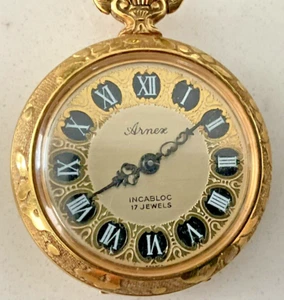 Women Arnex Gold Tone Swiss Pocket Watch 17 Jewels Keeps Time - Picture 1 of 8