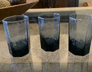 3 LIBBEY facets dusky BLUE juice GLASSES OCTAGON PANEL 12 oz. Vintage - Picture 1 of 7