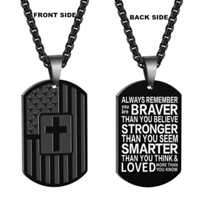 Bible Verse Stainless Steel American Flag Pendant Cross Necklace Religious 22" - Picture 1 of 16