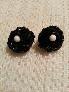 Italy Hand Crafted Earrings Black Glass Clip Ons