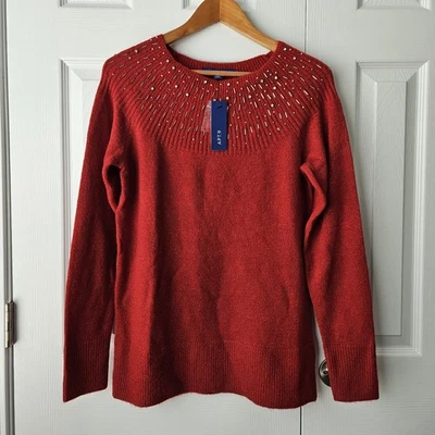 Nuevo con etiquetas Apt. Suéter tejido con cuello de cuentas rojo plateado para mujer 9 fiesta/vacaciones talla M Foto 1 de 4