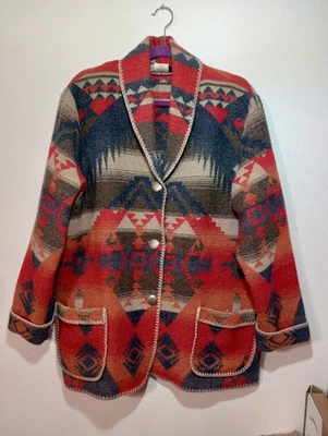 VINTAGE RHONDA STARK NAVAJO INDIAN PRINT WOOL South West  BLAZER JACKET LARGE - Image 1 of 4
