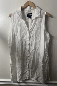 TAHARI White 100% Linen SLEEVELESS Button Down Shirt Tunic Top Sz L - Picture 1 of 7
