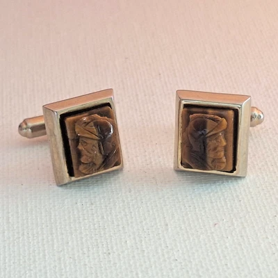 Vintage Hickok USA Tiger’s Eye Carved Cufflinks Gold Tone 1950s Retro Mens - Image 1 of 4