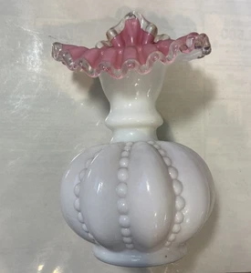 Fenton Cranberry White Cased Glass Jack In The Pulpit Beaded Melon Vase 6.5" - Picture 1 of 9
