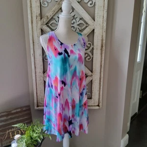 Women's Lightweight A-Line Mini Shift Flowy Swing Dress with Pockets in Tie Dye - Picture 1 of 12