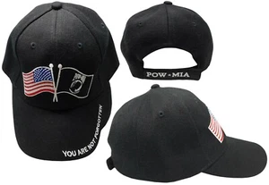 USA & Pow Flags You Are Not Forgotten POW MIA Black Embroidered Cap Hat - Picture 1 of 6