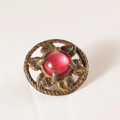 Button Vintage Jewel Ruby Red Glass Metal Prong Set Gold Tone Rhinestone Round - Image 1 of 4