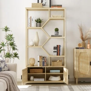 Rattan bookshelf 7 tiers Bookcases Storage Rack with cabinet for Living Room - Picture 1 of 10