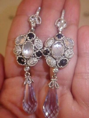 Judith Ripka 18k WG оникс лунный камень бриллиант серьги с небесно-голубой кварц briolette  - Изображение 1 из 4