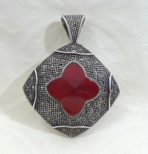 VTG Sterling Pendant 2 ¼ " Long Diamond Shape with Agate & Marcasites 18.2 Grams - Bild 1 von 11
