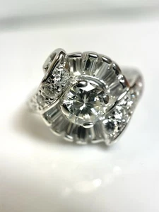 Platinum Diamond Vintage Engagement Ring Round With Baguettes, Scrolls Size 8 - Picture 1 of 11