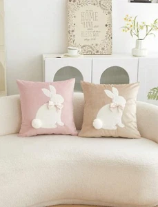 Luxury 3d Rabbit Embroidery Cushion Cover Soft Velvet Easter Home Decor - Picture 1 of 18