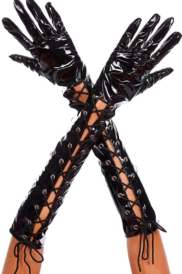 NEW sexy MUSIC LEGS shiny WET look ELBOW long CORSET style LACING lace UP gloves - Image 1 of 1