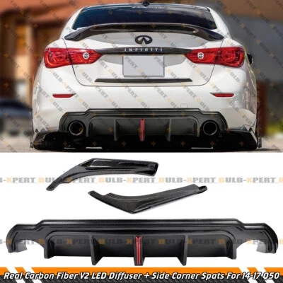 FOR 2014-2017 INFINITI Q50 CARBON FIBER V2 LED REAR DIFFUSER + CORNER EXTENSION - Image 1 of 4