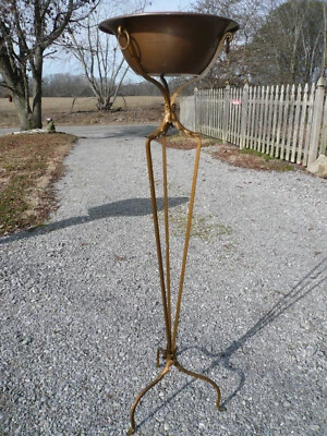 COLOSSAL OLD 50" WROUGHT IRON STAND 14 1/2" DIAMETER PATINATED COPPER BOWL - Image 1 of 4