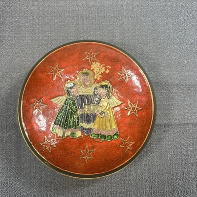 Vintage Beautiful Solid Brass & Enamel 3 Angels Trinket Box w/6 Coasters Set - Image 1 of 4